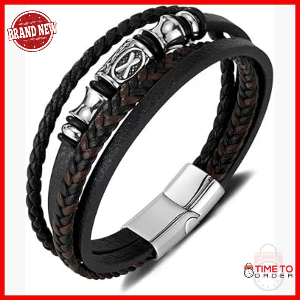 Men's Genuine Leather Cuff Bracelet Stainless Steel Clip Size 8
